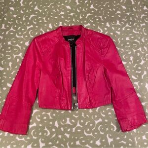 Bebe genuine leather zip cropped jacket 3/4 sleeve red silver XS lined